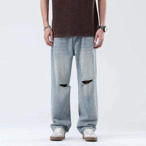 Jeans Bleu Délavé Rétro pour Hommes Pantalon en Denim Coupe Droite Large Distressed pour Jeunes Adultes Mode Streetwear Décontracté