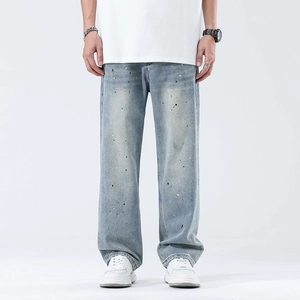 Herren Trendy Tintenspritzer Hellblau Gewaschene Jeans Gerader Schnitt Loose Wide Leg Casual Denim Lange Hose Korean Mode