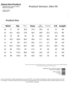 Detailed size chart for men's slim fit jeans showing measurements and care instructions