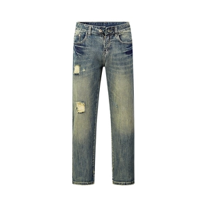 Jean droit rétro pour homme, bleu délavé avec finitions usées et détails déchirés