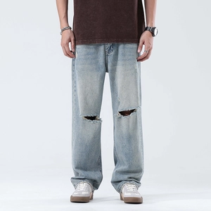 Men's Korean Style Loose Straight Ripped Jeans Washed Distressed Blue Denim Long Trousers Baggy Streetwear Casual Pants For Youth