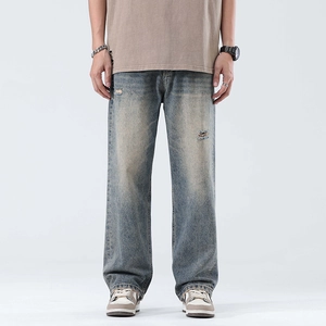 Men's Retro Blue Ripped Wide Leg Jeans Korean Streetwear Distressed Straight Denim Pants For Daily Casual Wear