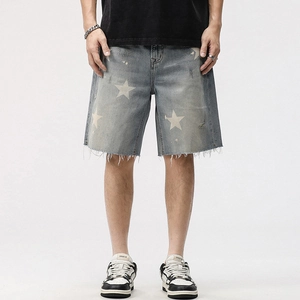 Short pour Hommes High Street Imprimé Étoile en Polyester Style Denim Vintage Lavé Ample Décontracté avec Ourlet Frangé