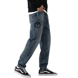 Men's retro loose straight fit washed blue jeans featuring a side number 7 embroidery