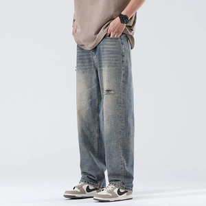 Men's retro light blue ripped wide-leg jeans with a straight cut and vintage wash finish