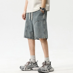 Short cargo en jean bleu délavé rétro pour homme avec taille élastique et grandes poches