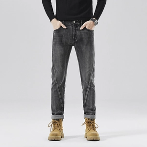 Herren Slim Fit Gewaschene Graue Denim Jeans Mit Einzigartigen Geschwungenen Nähten Casual Streetwear Mode Lange Hose