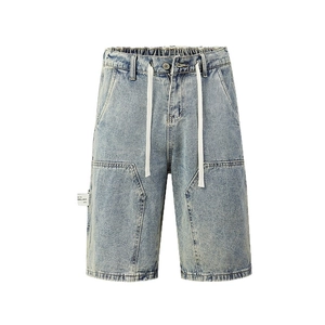 Short en jean bleu délavé rétro pour homme avec taille élastique et poches cargo