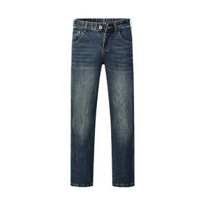 Jean denim bleu foncé délavé pour homme coupe droite décontractée au style vintage rétro