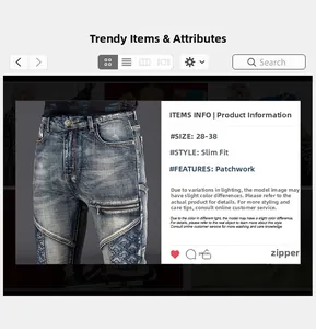 Macro detail of slim fit men's dark blue patchwork denim jeans with zipper design