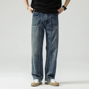 Men's Retro Washed Denim Jeans Loose Fit Straight Wide Leg Pants With Patch Pockets Stitched Seams Casual Streetwear Trousers