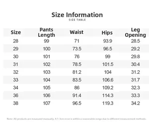 Detailed size chart for men's ripped denim jeans with waist and hip measurements