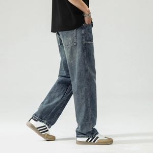 Men's retro washed deep blue wide leg jeans with loose straight fit street style