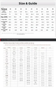 Size chart for men's patchwork jeans with detailed waist and hip measurements