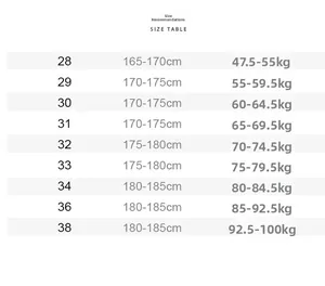 Detailed size chart guide for men's distressed slim jeans with height and weight metrics