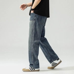 Men's wide-leg straight jeans in washed deep blue with a loose fit and street fashion style