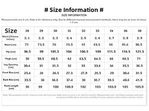 Detailed size chart for men's slim fit denim jeans including waist and length measurements