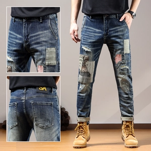 Men Washed Patchwork Jeans Distressed Denim Pants Slim Fit Retro Streetwear Casual Heavy Work Trousers For Men Fashion