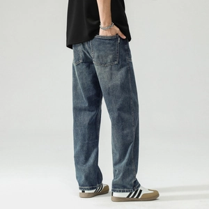 Men's wide-leg vintage washed blue denim pants with a straight-fit and retro street style