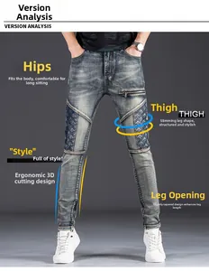 Detail of slim-fit blue jeans with patchwork design and 3D ergonomic stitching