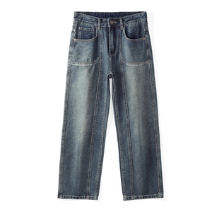 Retro deep blue heavy washed wide-leg denim jeans with cargo pockets and straight cut