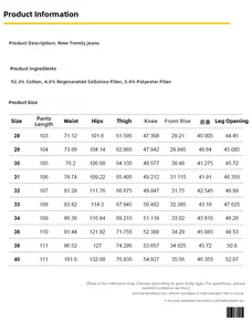 Detailed size chart for men's vintage baggy jeans showing measurements for sizes 28-40