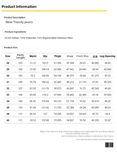 Tableau des tailles détaillé pour jeans vintage indiquant les mesures de taille et longueur