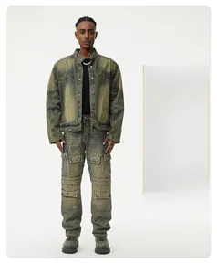 Detail of vintage washed denim set with multi-pocket cargo pants and stand collar jacket