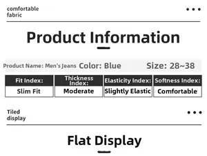 Detailed chart showing slim fit blue denim jeans size range 28-38 and fabric features