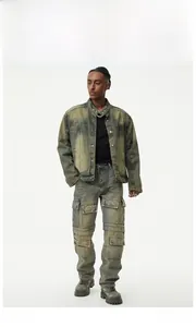 Detail view of American vintage multi-pocket cargo jeans and denim jacket set in washed olive