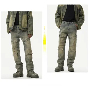 Detail view of baggy olive green cargo pants with large functional utility pockets