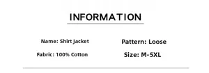 Détails de la veste-chemise en 100% coton, coupe ample, avec tailles disponibles du M au 5XL
