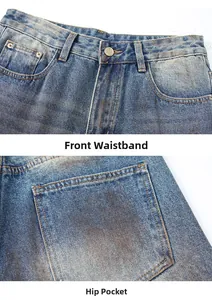 Detailansicht von Metallknopf, Reißverschluss und Gesäßtaschen der Vintage-Bluejeans