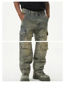 Detail of retro washed blue cargo jeans showing multiple large utility flap pockets