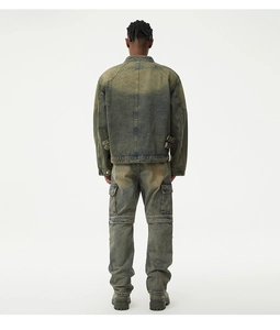 Back view of vintage washed cargo jeans and jacket with multi-pocket detailing