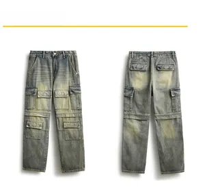 Front and back detail of vintage cargo jeans showing multiple pockets and washed denim