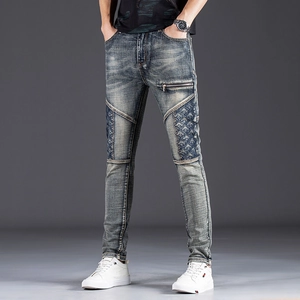 Men Slim Fit Patchwork Jeans Cotton Washed Denim Pants With Embroidery Decorative Zipper Streetwear Casual Trousers For Men