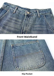 Detailed views of the denim waistband with metal button and large rear patch pockets