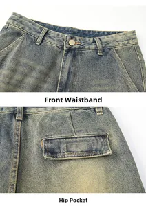 Detail view of vintage blue washed denim pants featuring front waist and cargo pockets