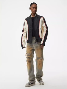 Men Retro Ripped Straight Jeans Distressed Dirty Wash Denim Pants Patchwork Streetwear Loose Fit Vintage Style For Men