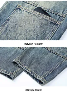 Detail of vintage blue denim jeans featuring quilted back pocket and neat hemmed cuffs