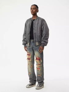 Men's American Retro Ripped Jeans Plaid Patch Distressed Washed Straight Leg Denim Pants Streetwear Casual Long Trousers