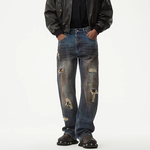 Herren Vintage Distressed Zerrissene Gerade Jeans Baumwollmischung Denim Hose Für Casual Streetwear High Street Style