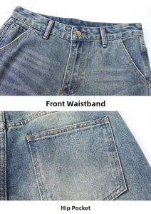 Détails de jeans avec bouton métallique à la taille et poches plaquées à l'arrière