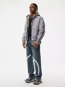Jeans Streetwear Homme Coupe Droite 100% Coton Denim Éclaboussures de Peinture Graphique Rétro Coupe Large Bleu Délavé
