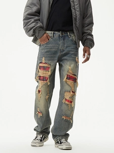 Men's retro loose straight jeans with distressed holes and red plaid patches in blue wash
