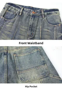 Detail view of the retro washed blue denim jeans showing front button and back pocket