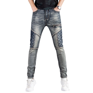 Slim fit biker jeans for men featuring vintage embroidery and stylish zipper detail