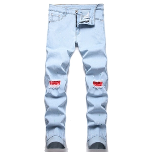 Men Streetwear Slim Fit Cotton Blend Denim Jeans Ripped Knee Paisley Patch Splatter Paint Light Blue Straight Leg Pants