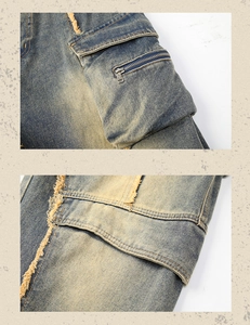 Detail view of cargo pockets with zippers and distressed raw hem on vintage jeans